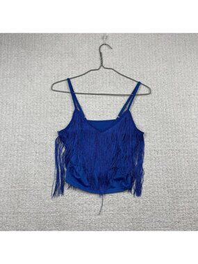 Y2K Fringed Western Crop Top Bralette Festival Coquette Glam Royal Blue Read